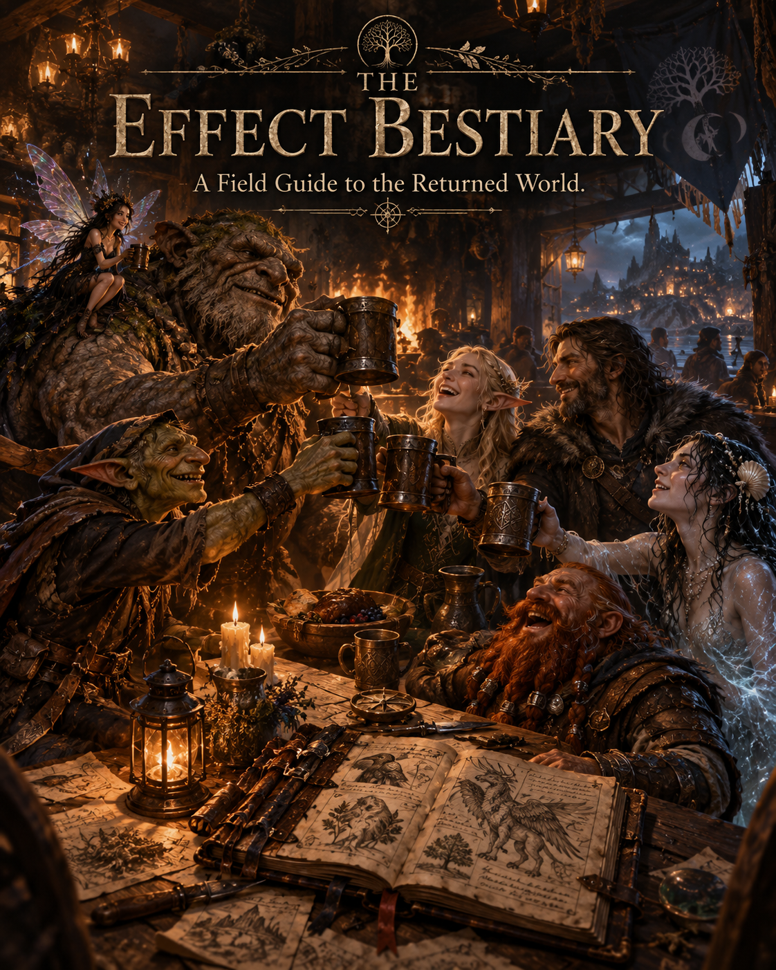 The Effect Bestiary cover showing Returned peoples toasting in a tavern