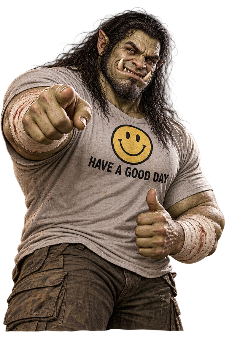 Ray the troll, pointing toward the guide